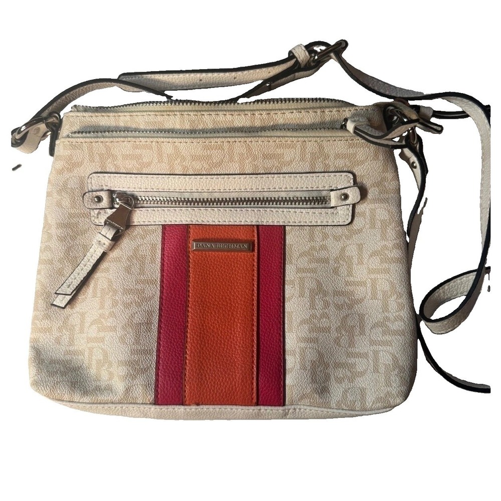 Dana Buchman Monogram Crossbody Bag White Pink Orange Stripe Multi-Zip Pocket - Picture 13 of 14